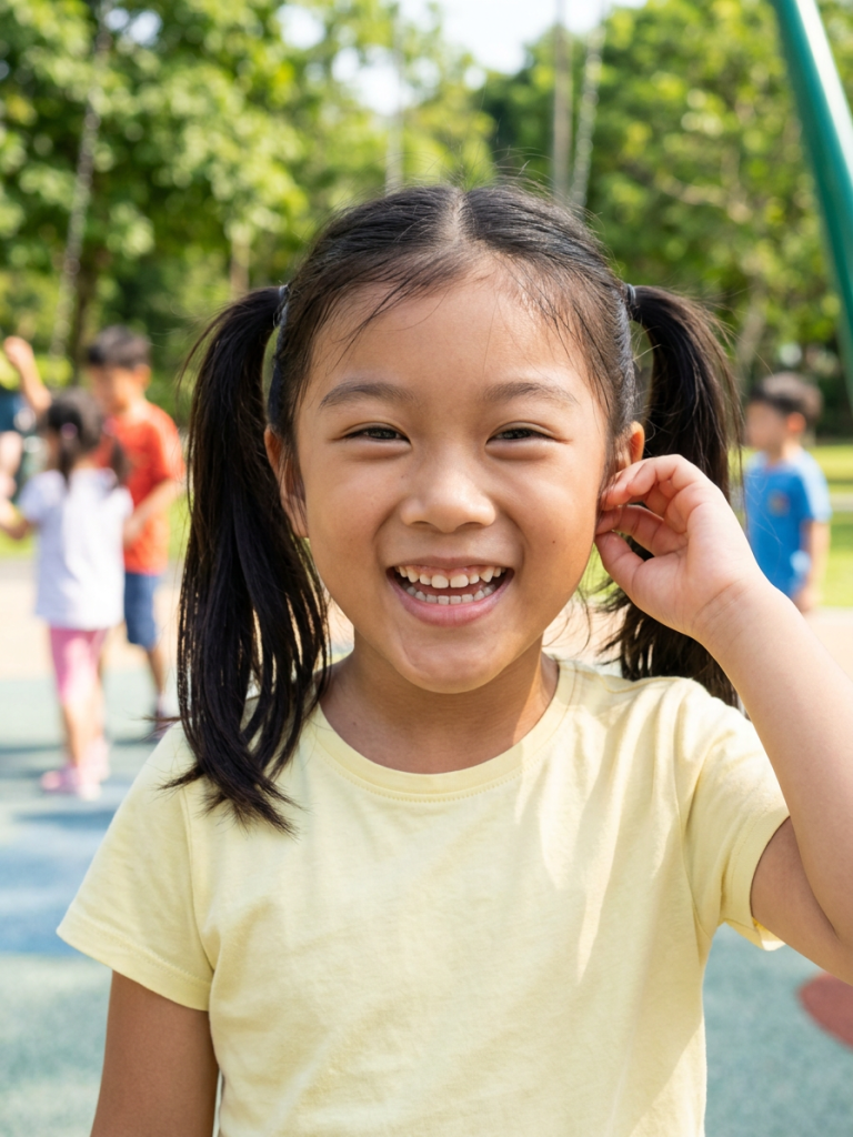 Smiling young girl with pigtails in yellow shirt at playground