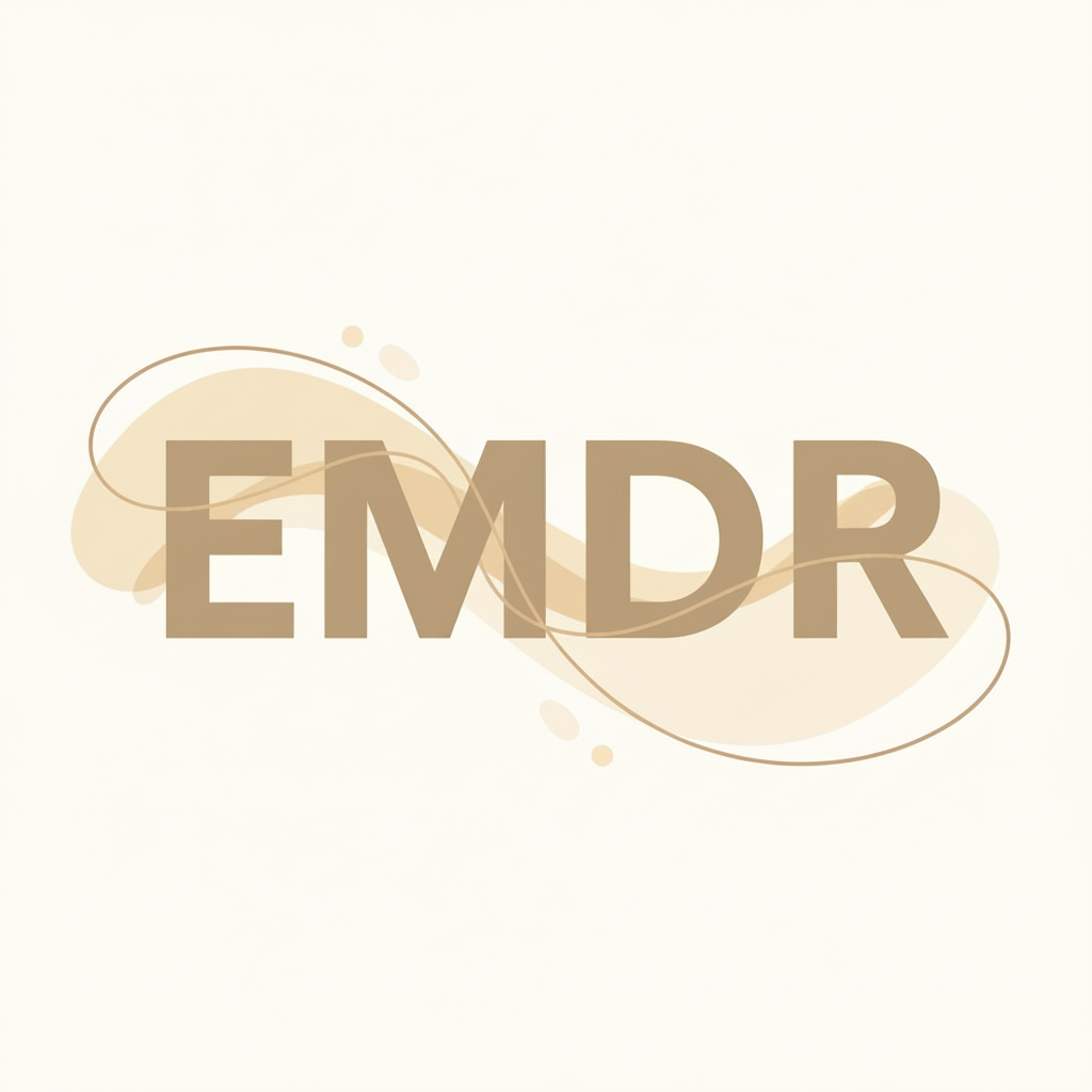 3 Keep the same clean, professional typographic graphic displaying only the word “EMDR” in large, highly legible letters. Recolor the entire design to a warm beige, cream, and soft taupe palette with strong readable contrast. Preserve the minimal calm therapy and wellness aesthetic, circular composition, and no other words or symbols.